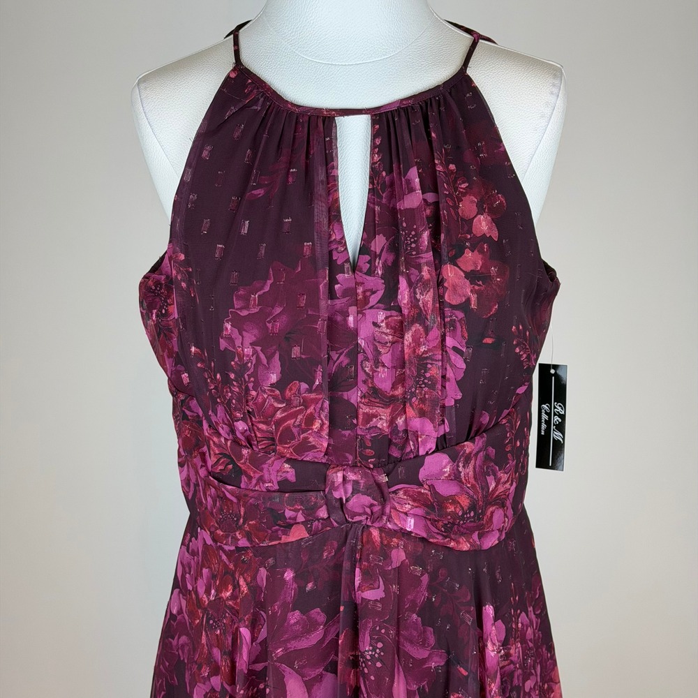 NWD R&M Richards Plum Rose Floral Halter Keyhole Chiffon Gown Maxi Dress Size 16 - Picture 3 of 16